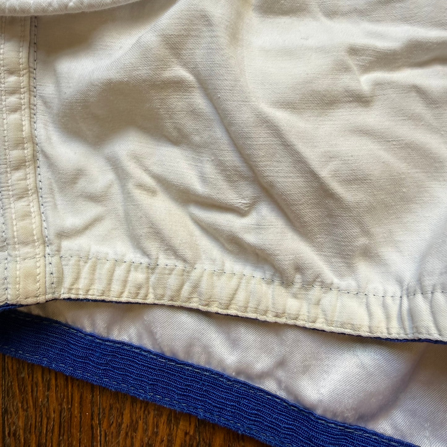 1940s White and Blue Satin Athletic Shorts, Belt, Padded Hips, Lawson Cavette Sporting Goods, Basketball? Boxing?