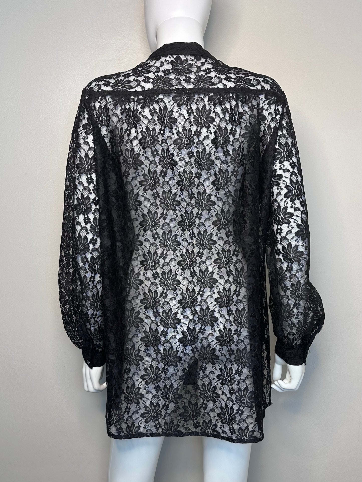 1970s Black Lace Long Sleeve Tunic with Rhinestone Flower Buttons, Saks Fifth Avenue Size Medium, Micro Mini Dress