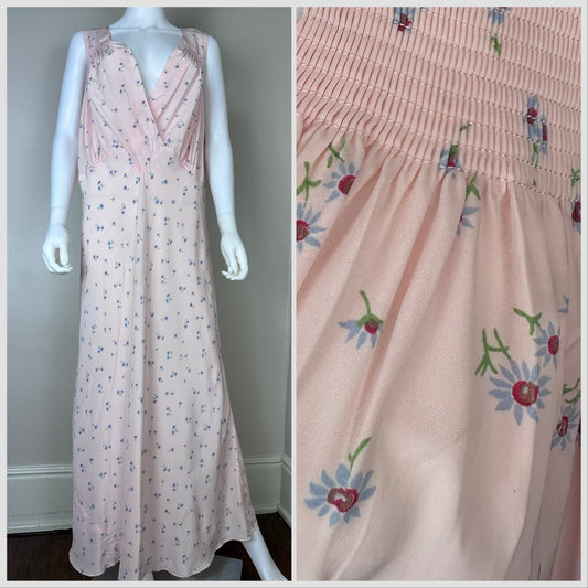1940s Pastel Pink Floral Rayon Nightgown, Size XXL