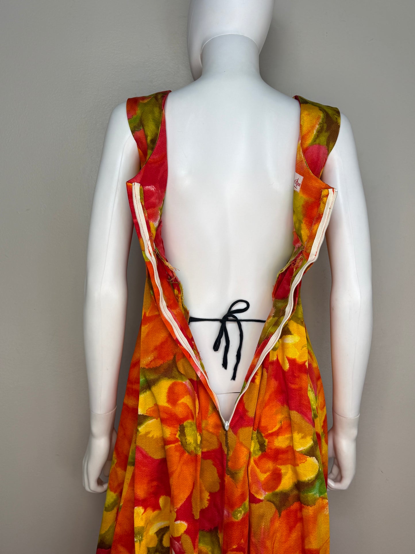 1960s Orange Hawaiian Floral Sleeveless Maxi Dress, Karen Ann Hawaii Size XS/Small, Cotton