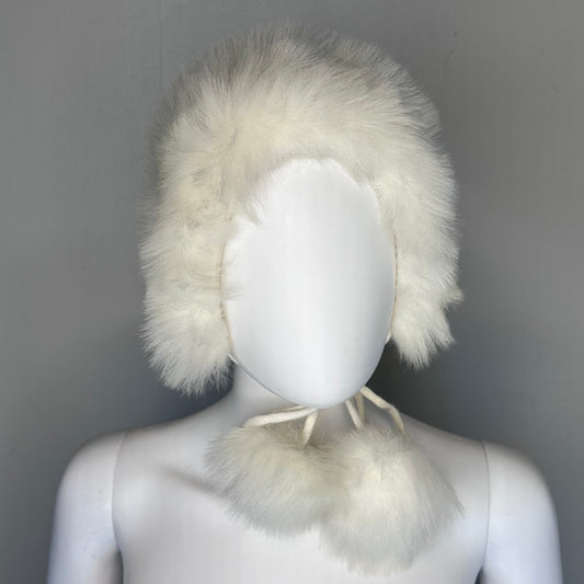 1960s/70s Cream Faux Fur Hat with Pom Poms Tie