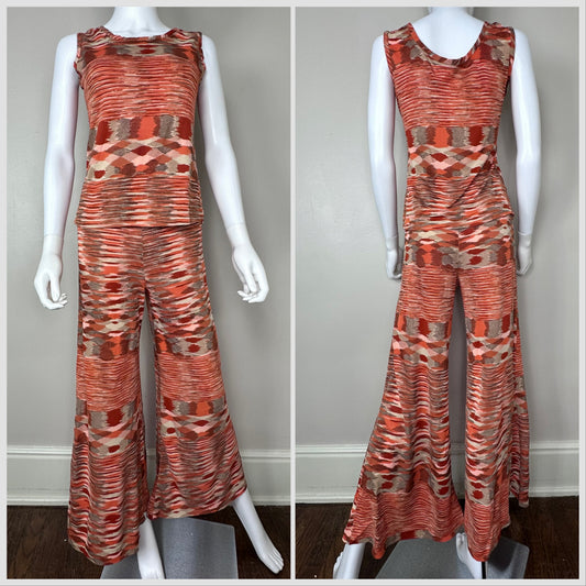 1970s Orange and Brown Striped Tank Top and Flared Pants Set, Paul Evan Sportswear Size XS-Small