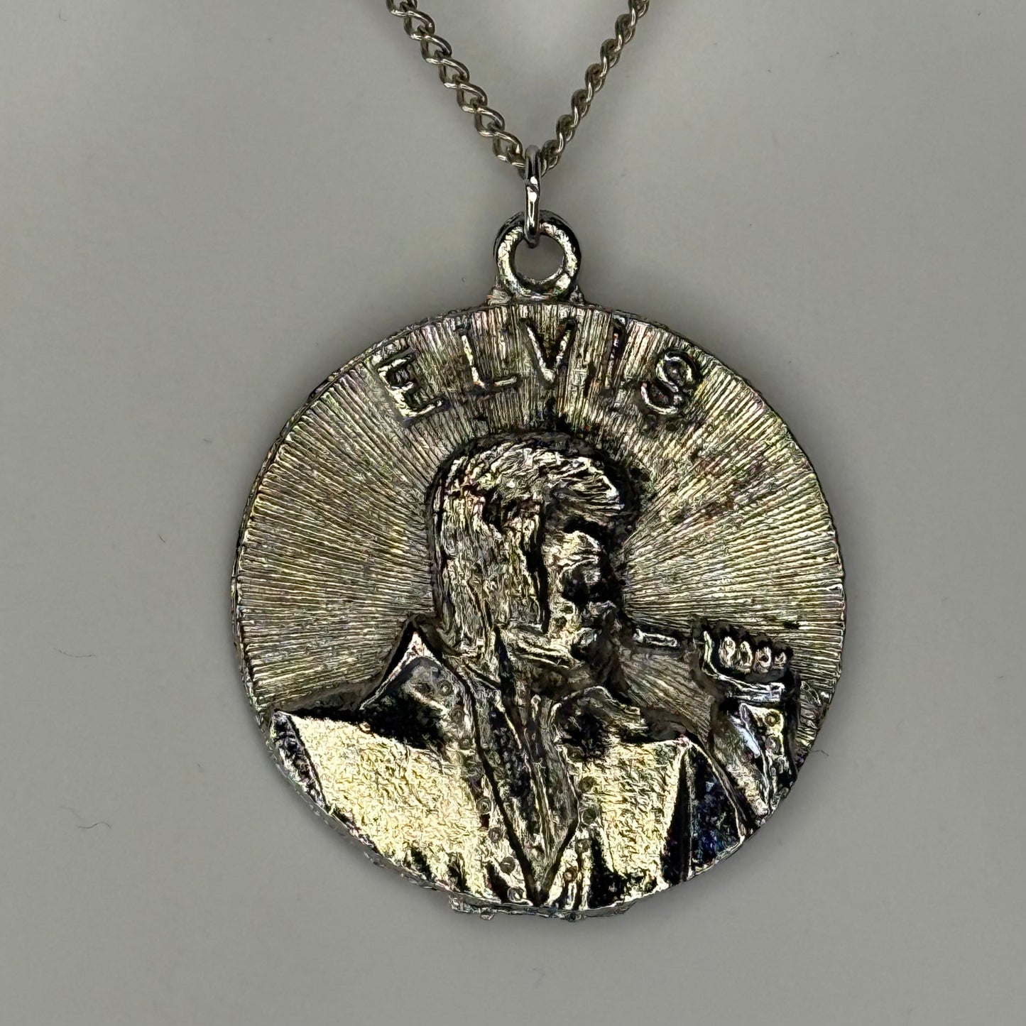 1970s Elvis Presley Necklace, King of Rock 1935-1977, Silver Tone Medallion, 16.25" Chain
