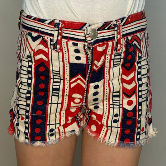 1970s Printed Denim Shorts, Cut Offs, Kids 4/5, Red White and Blue Geometric Stripe