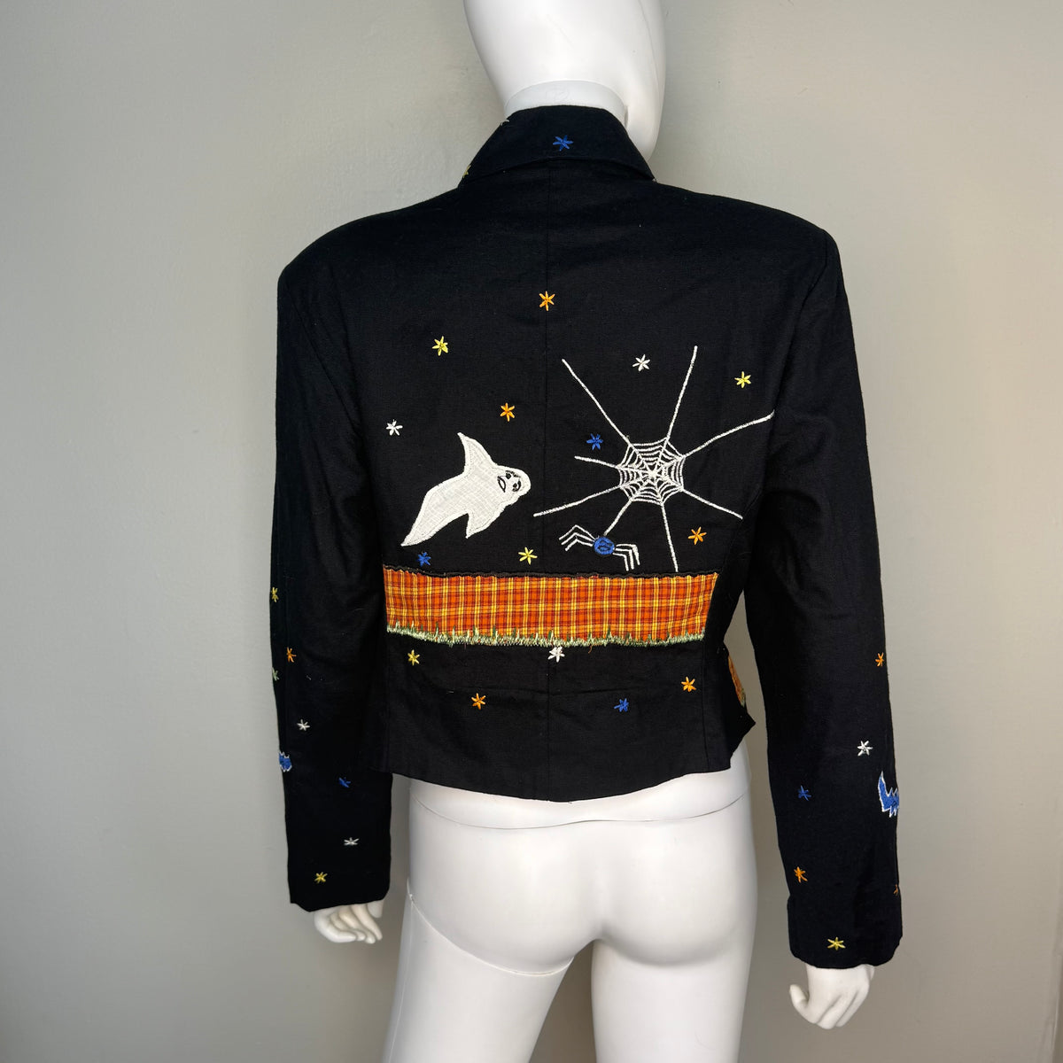 1990s Halloween Applique Jacket, Tunique Size Medium, Black Cats Spiders Ghosts Jack-o-lanterns