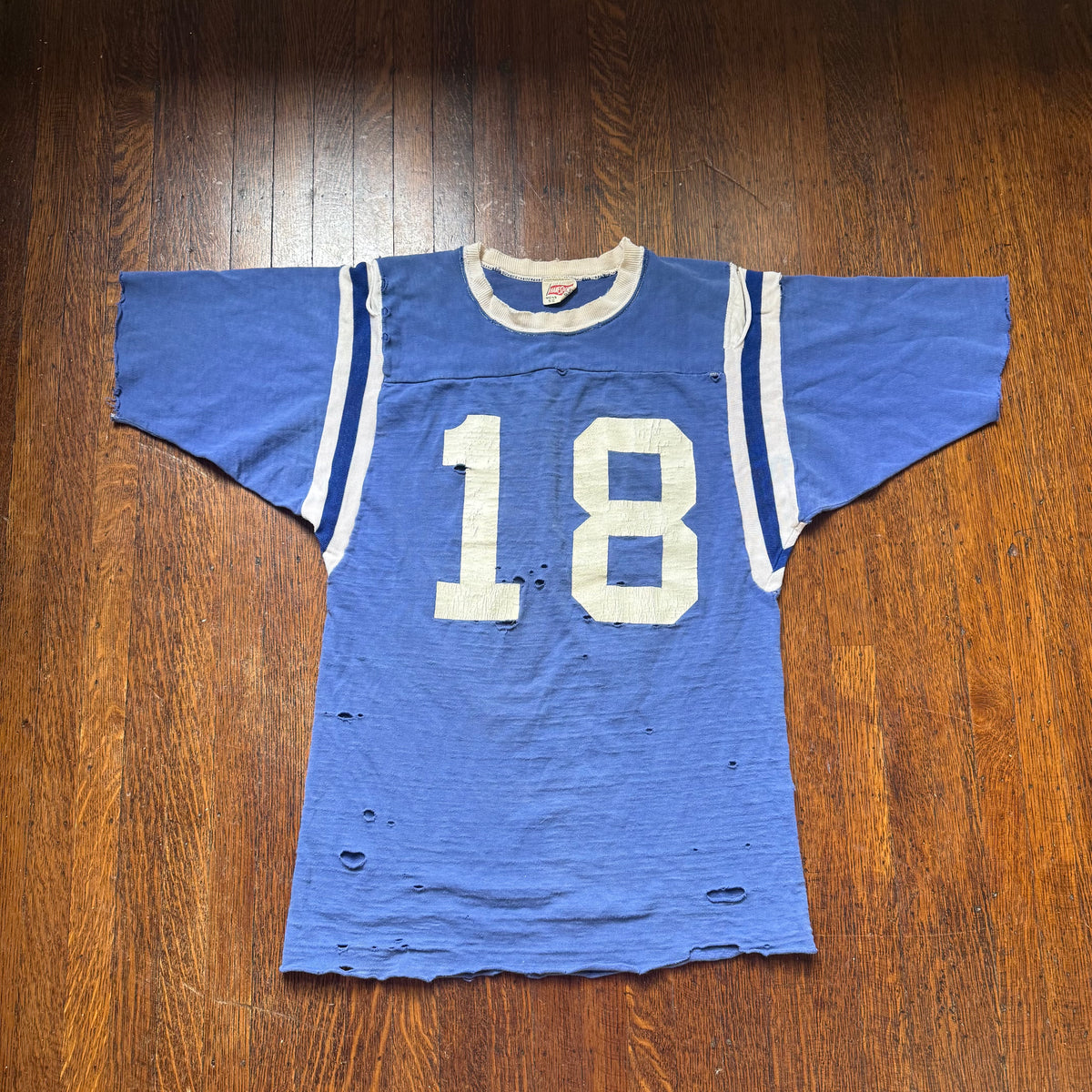 1960s Blue Cotton Jersey T-Shirt, HaneSport Size Small, No. 18, Distressed