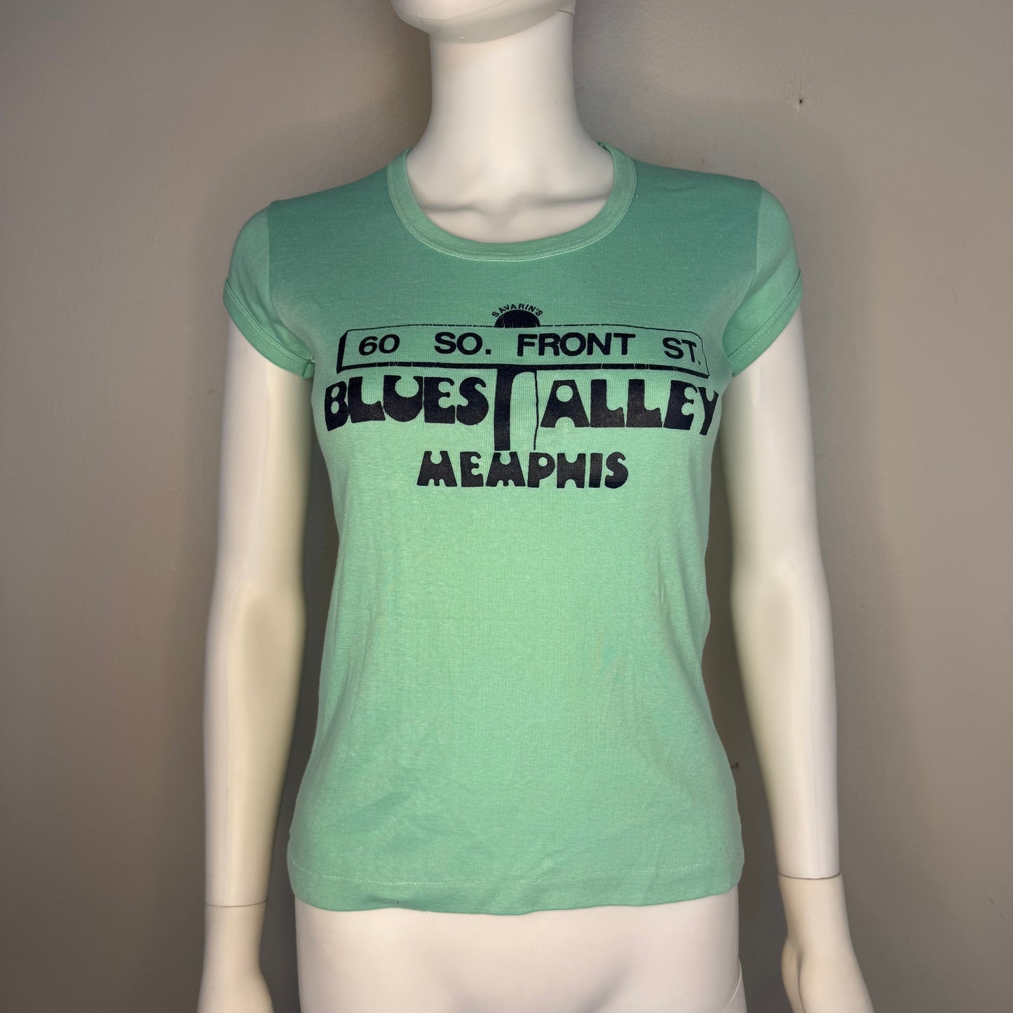 1970s Savarin’s Blues Alley Memphis Bar T-Shirt, Feminine Cut Ringer Tee Size XS/Small, 60 So Front St