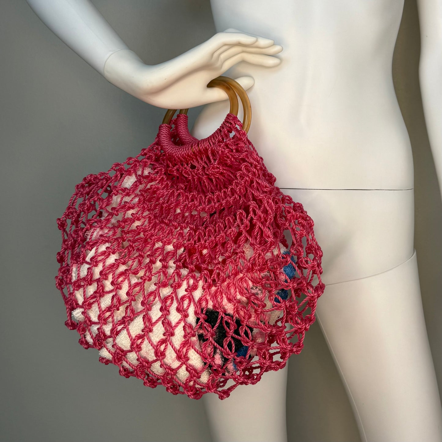 1970s Pink Plastic Crochet Hand Bag, Round Plastic Handles