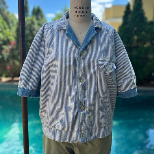 1960s Men’s Seersucker Cabana Shirt, State-O-Maine Size Medium, Terrycloth Lined, Beach Cover-Up
