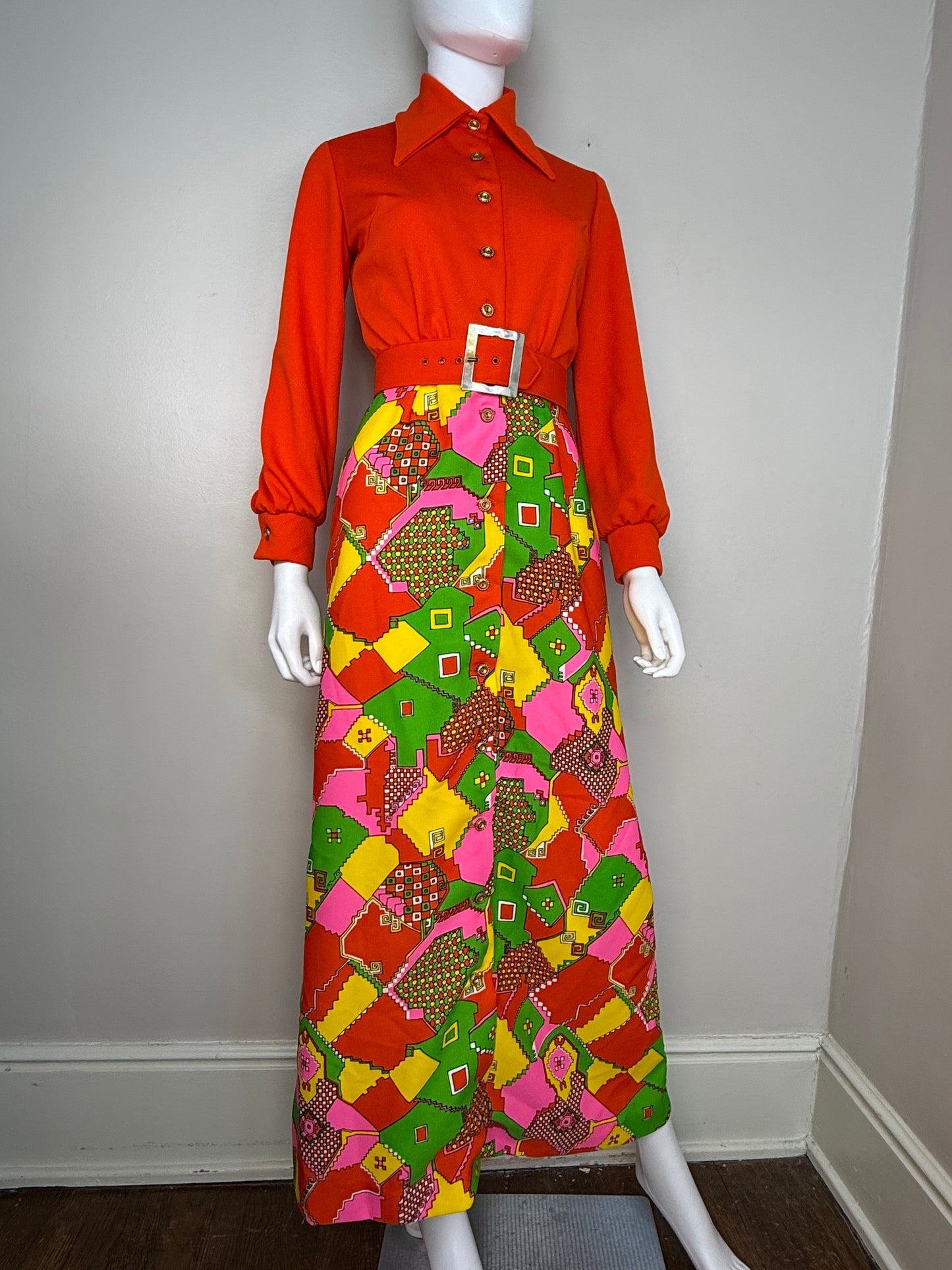 1970s Bright Psychedelic Print Maxi Dress, Orange Bodice, Junior Sixes Inc Size XS/S