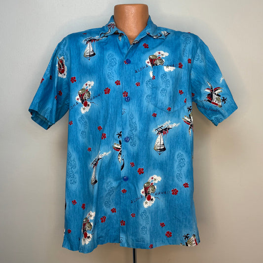 1960s Hawaiian Shirt, Blue Novelty Print Cotton, Hoaloha Size Medium