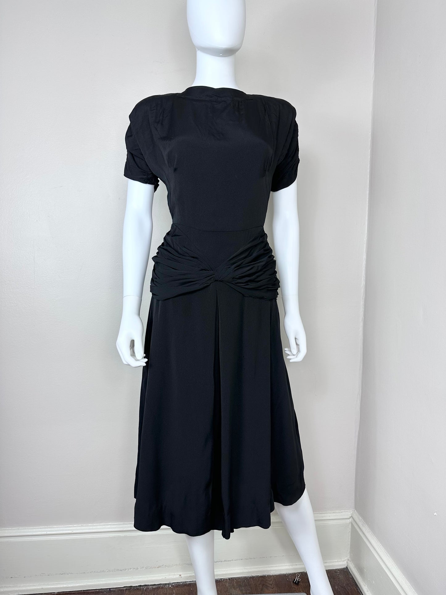 1940s Black Dress with Ruched Waist, R & K Originals Size XXS