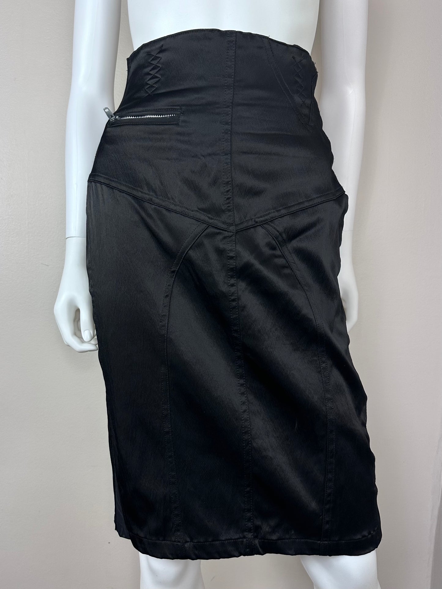 1980s Black Satin Pencil Skirt, Marithe Francois Girbaud Closed Size Small, Bondage and Lingerie Inspired