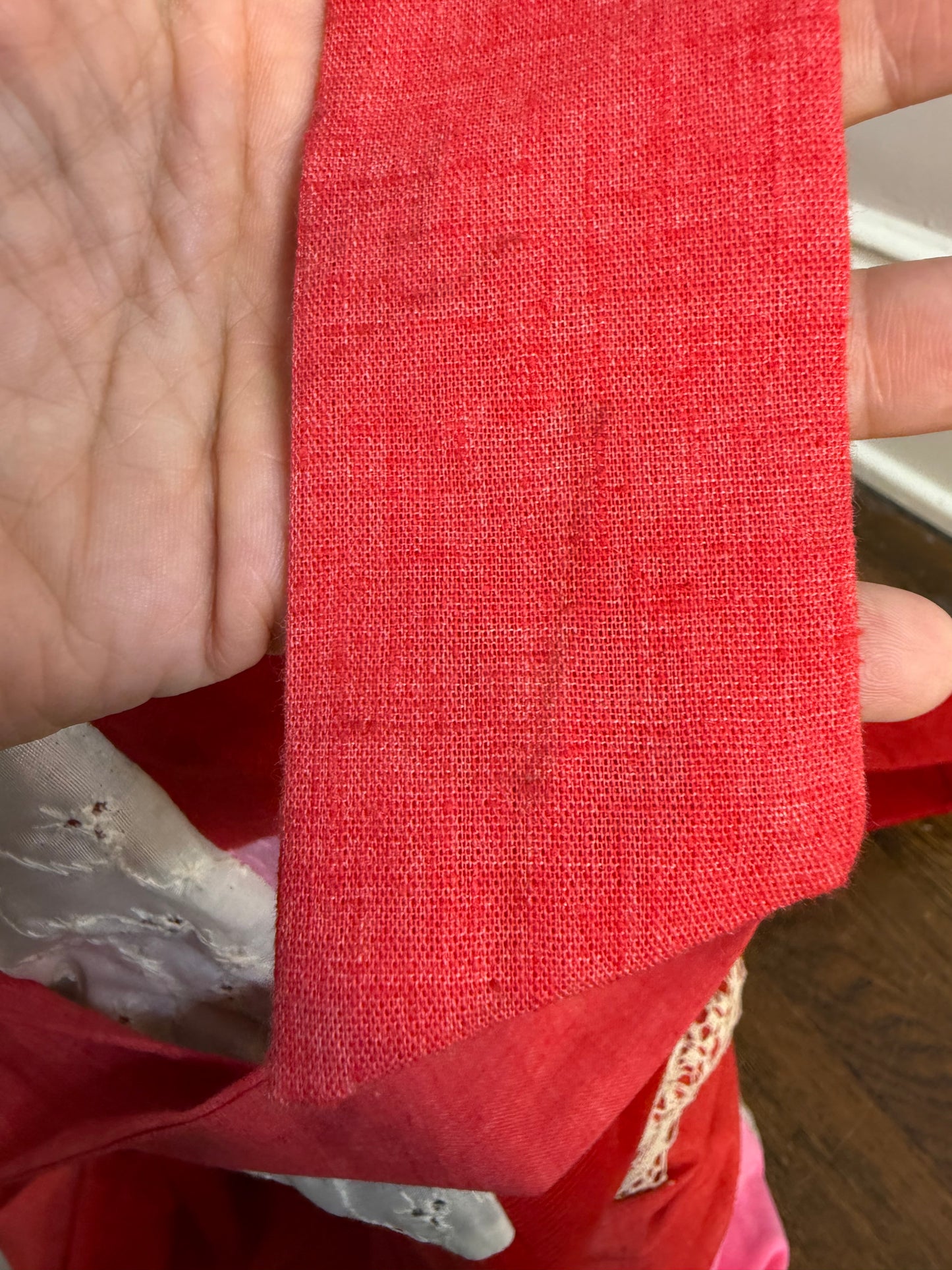 1970s Red and Pink Patchwork Maxi Skirt, Velvet, Lace, Size XXS