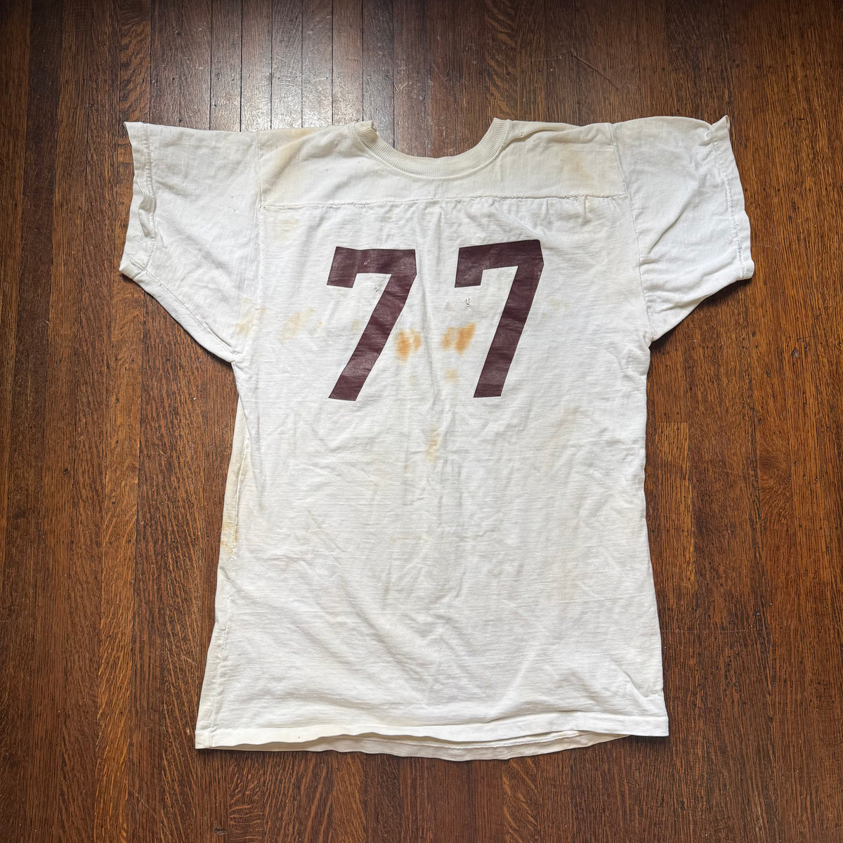 1960s White Cotton Jersey, Size Large, No 77, Chainstitch Name GANG, Very Distressed
