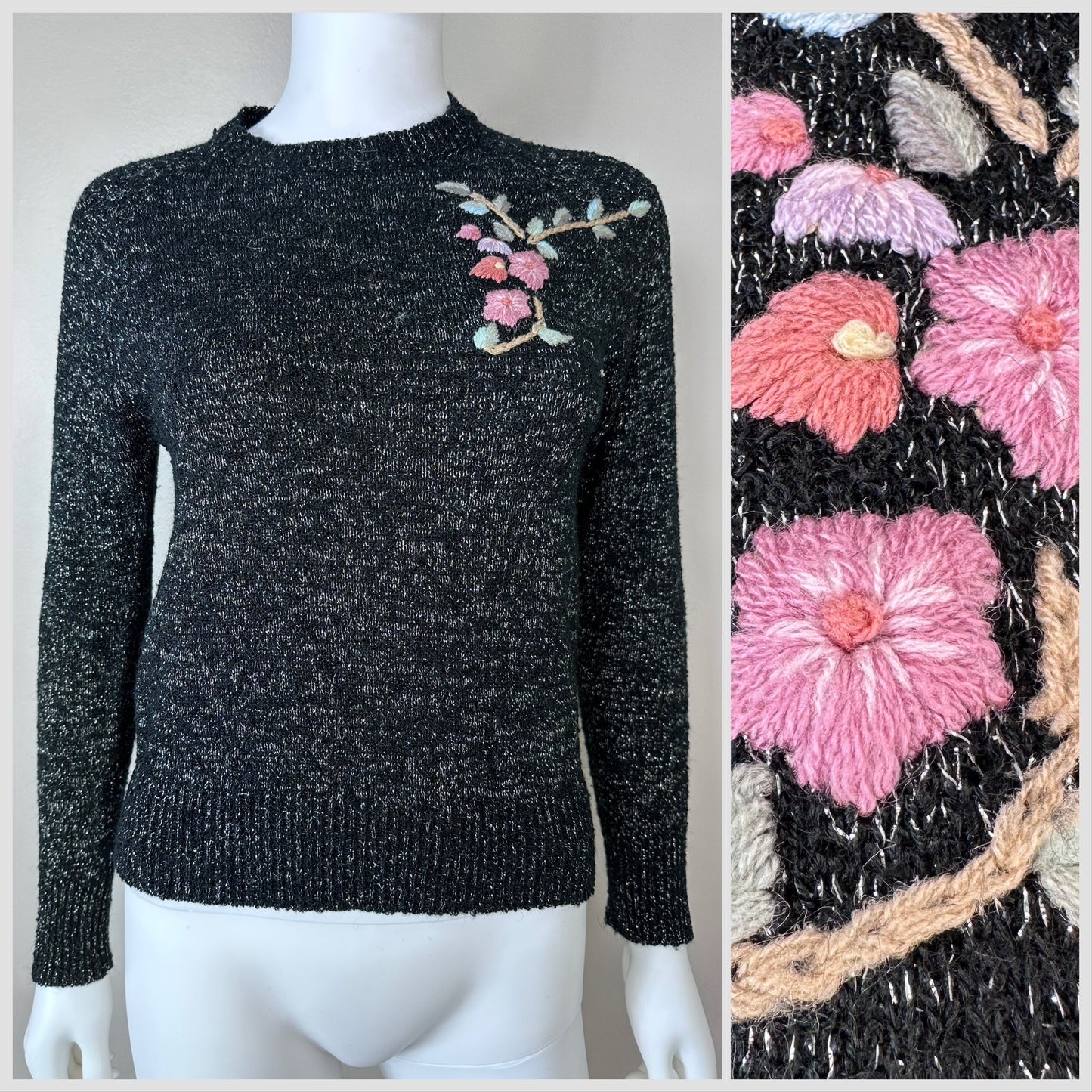 1980s Black and Silver Sweater with Floral Embroidery, Port Camard Size Small