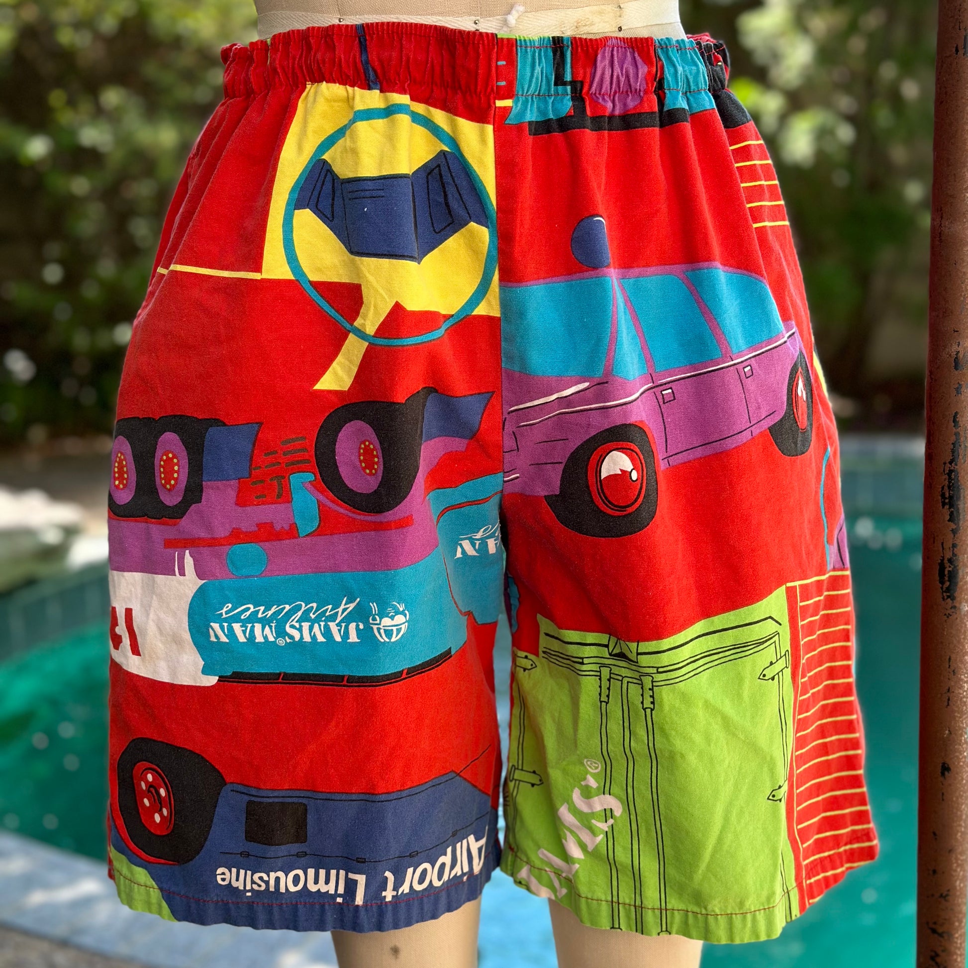 1980s Original Jams Board Shorts, Surf Line Size Large, Red Car Print