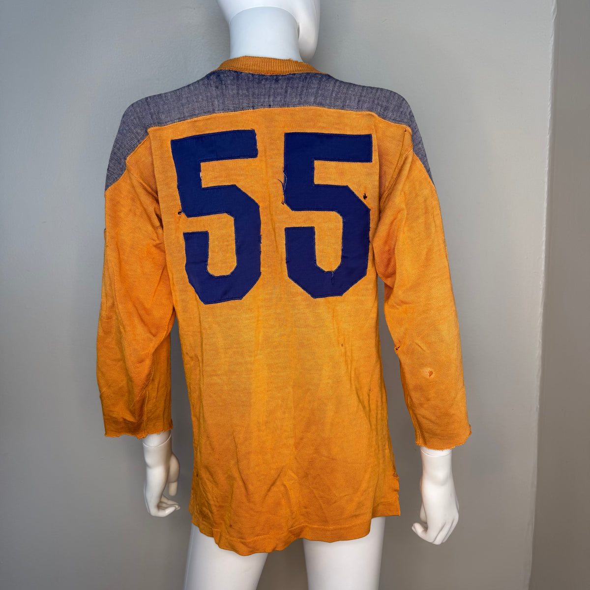 1950s Orange and Blue Durene Jersey, Appliqué No 55, Faded and Distressed, Size Medium