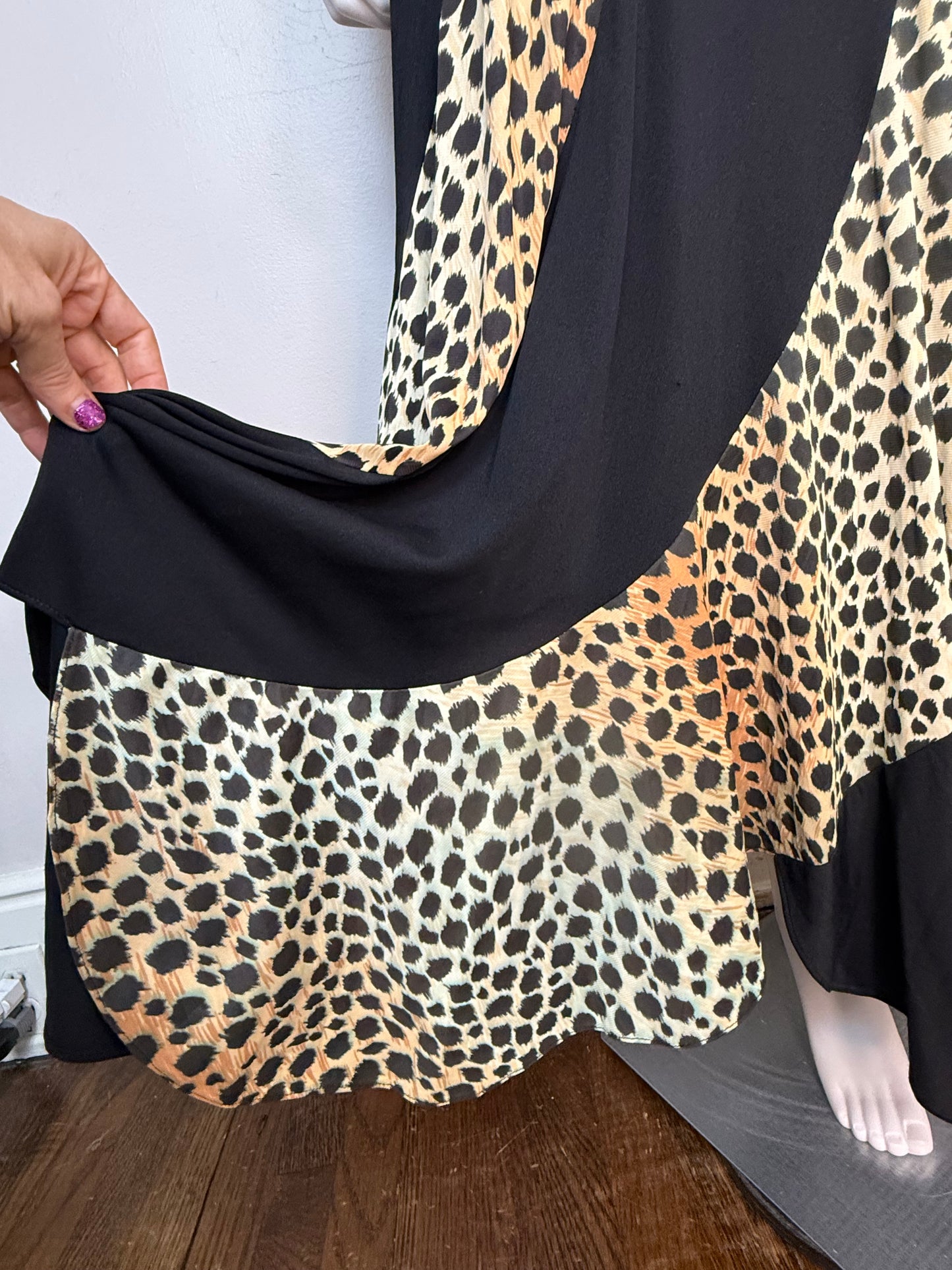 1970s Leopard Print Maxi Dress, Long Sleeve Turtleneck, Size Small, Curved Panel Skirt with Full Sweep