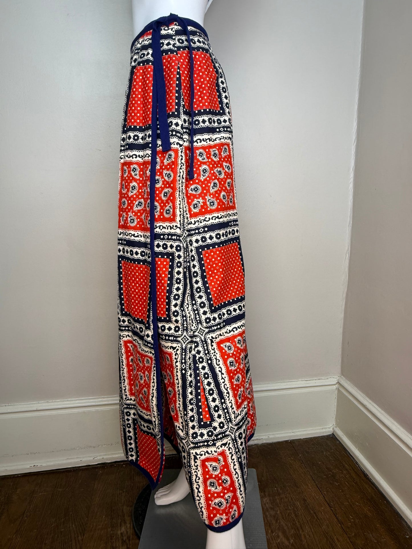 1960s/70s Bandana Print Maxi Wrap Skirt, by David Smith Size Small, Red White & Blue