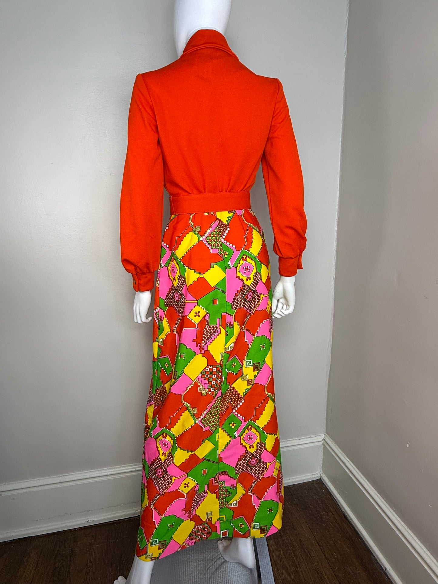 1970s Bright Psychedelic Print Maxi Dress, Orange Bodice, Junior Sixes Inc Size XS/S