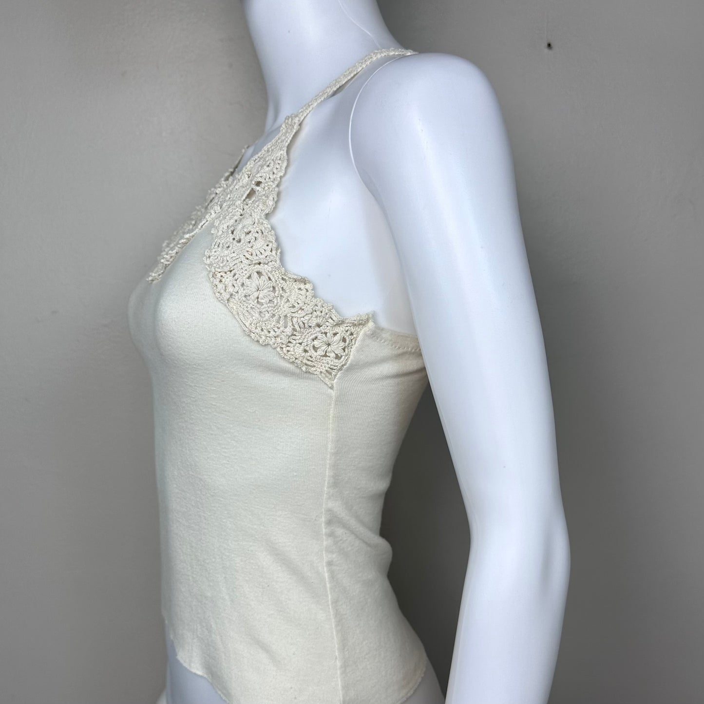 1990s Cream Boho Tank Top, Crochet Trim Size Small