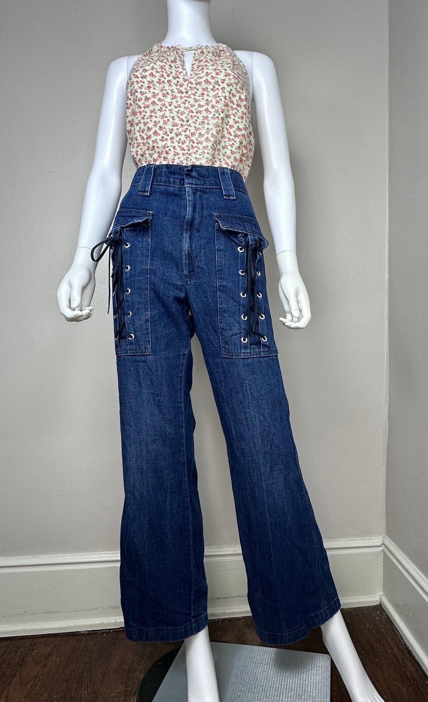 1970s Flare Leg Jeans, Giant Lace Up Pockets, 35x31.5