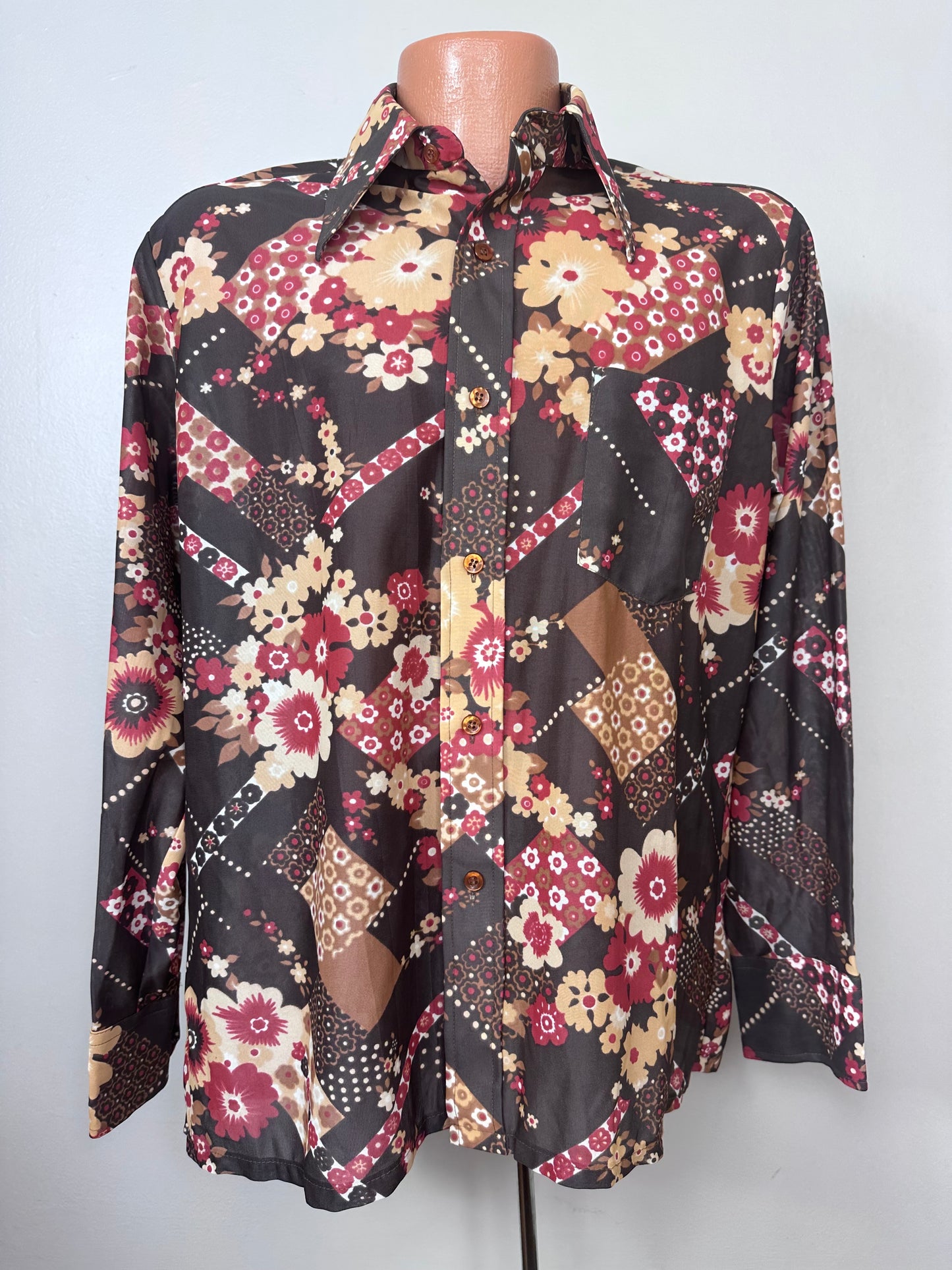 1970s Brown Floral Nylon Men’s Disco Shirt, Kingsfield Size Large