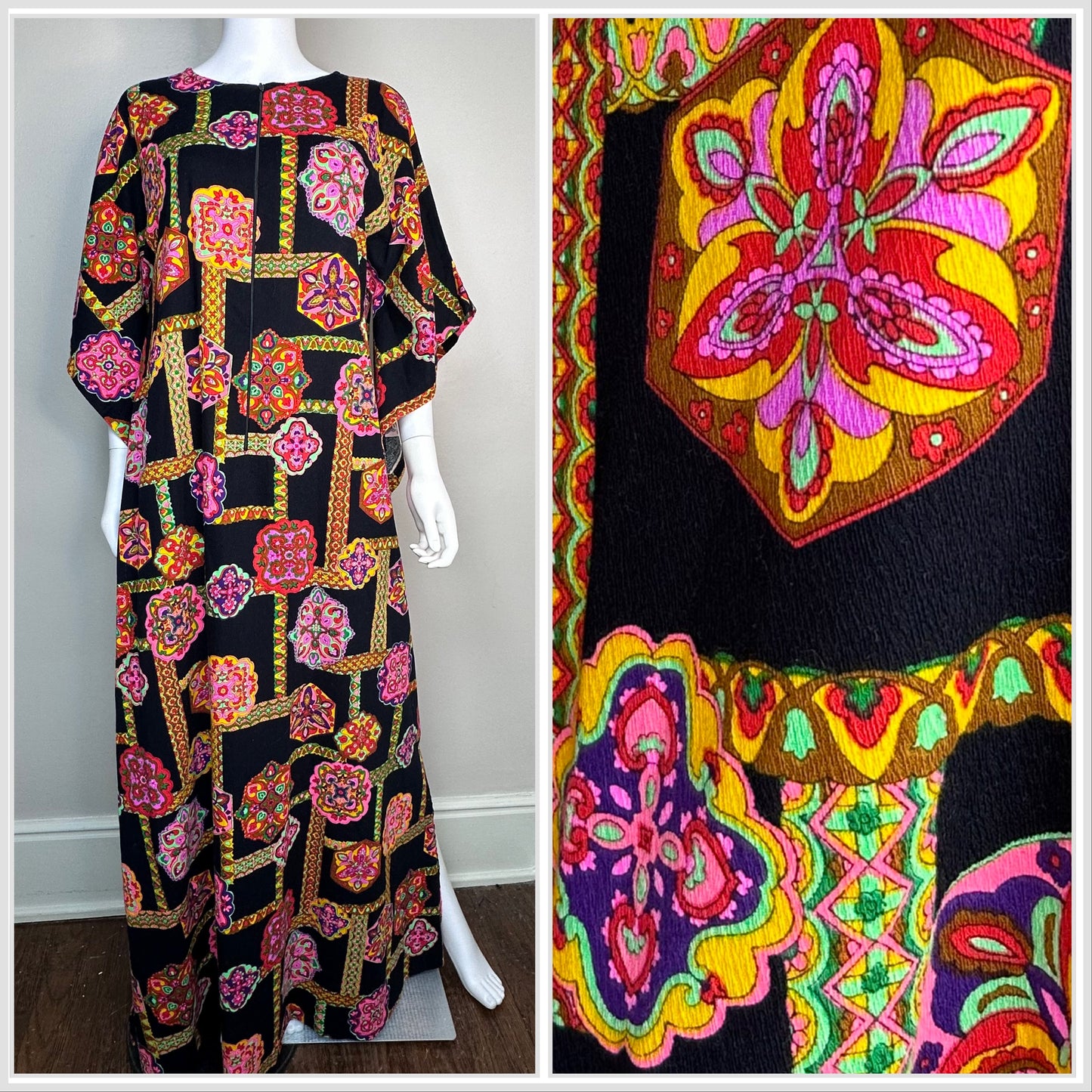 1970s Psychedelic Print Caftan Dress, Size Small-Medium