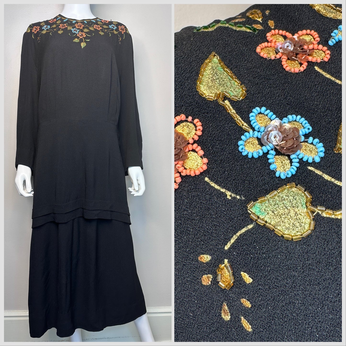 1940s Black Peplum Dress with Painted Flowers, Size Large Beading, Sequins