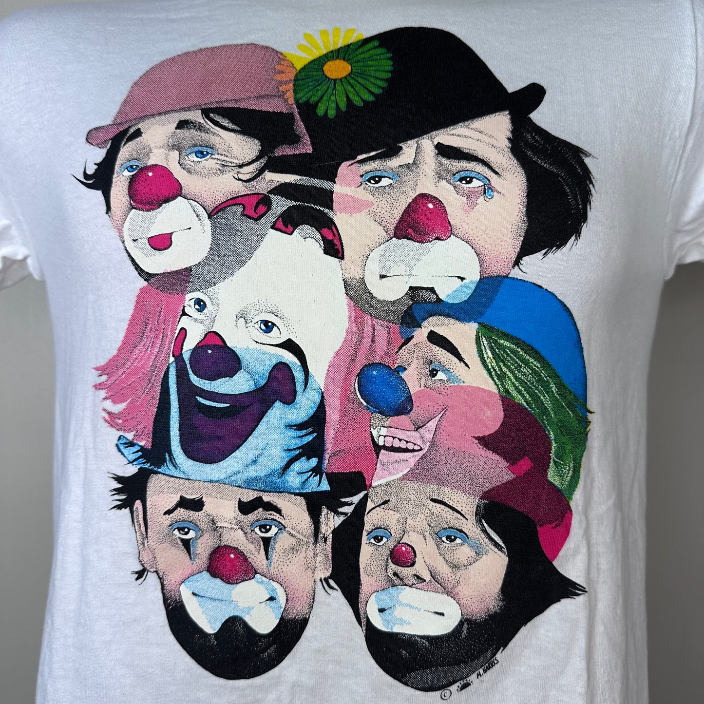 1980s Clowns T-Shirt, Center Cut Size Small, M Harris, Sad, Happy