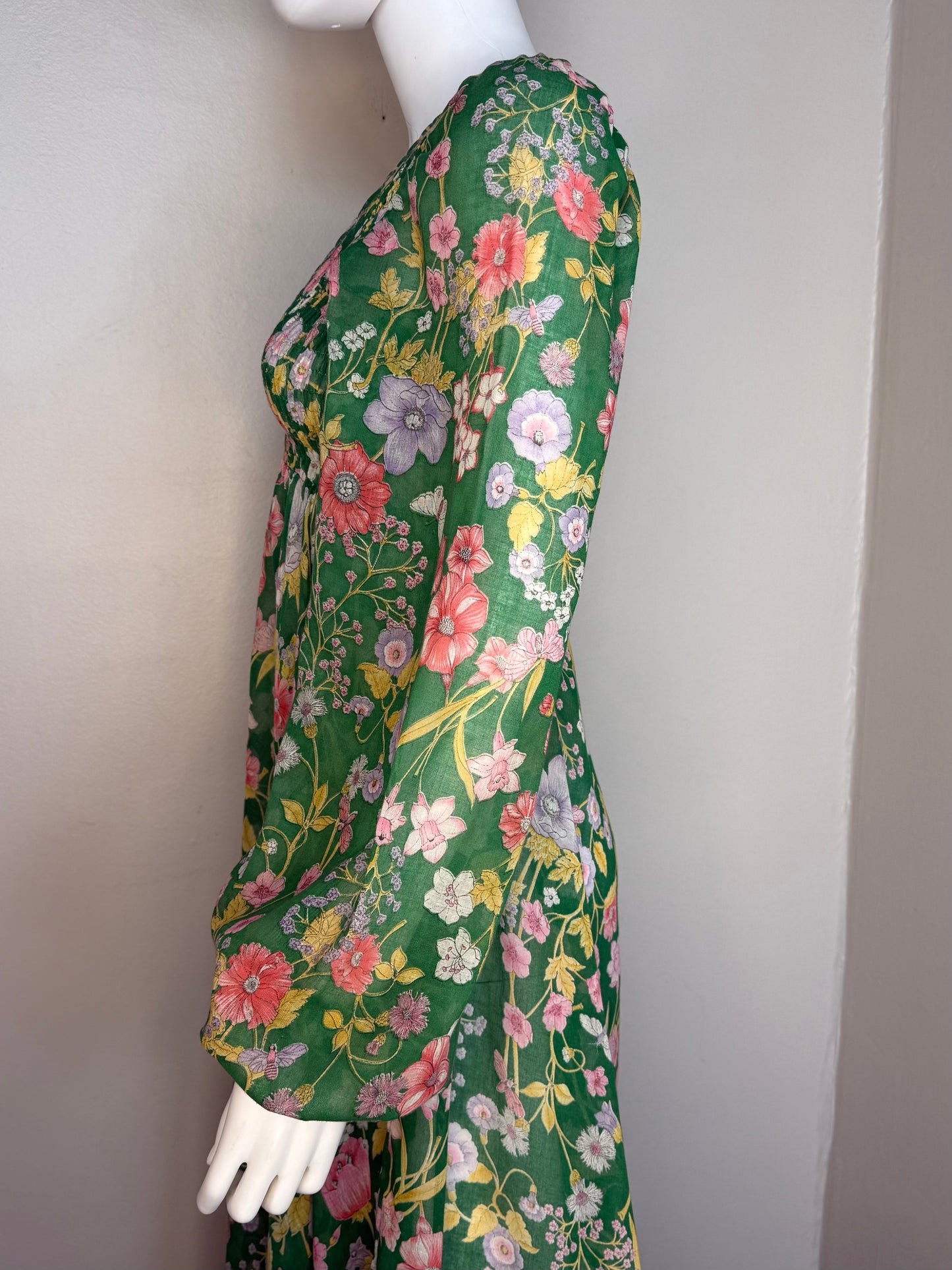 1970s Green Floral Maxi Dress, Denise Are There! Bonwit Teller, Size XS-Small Tall