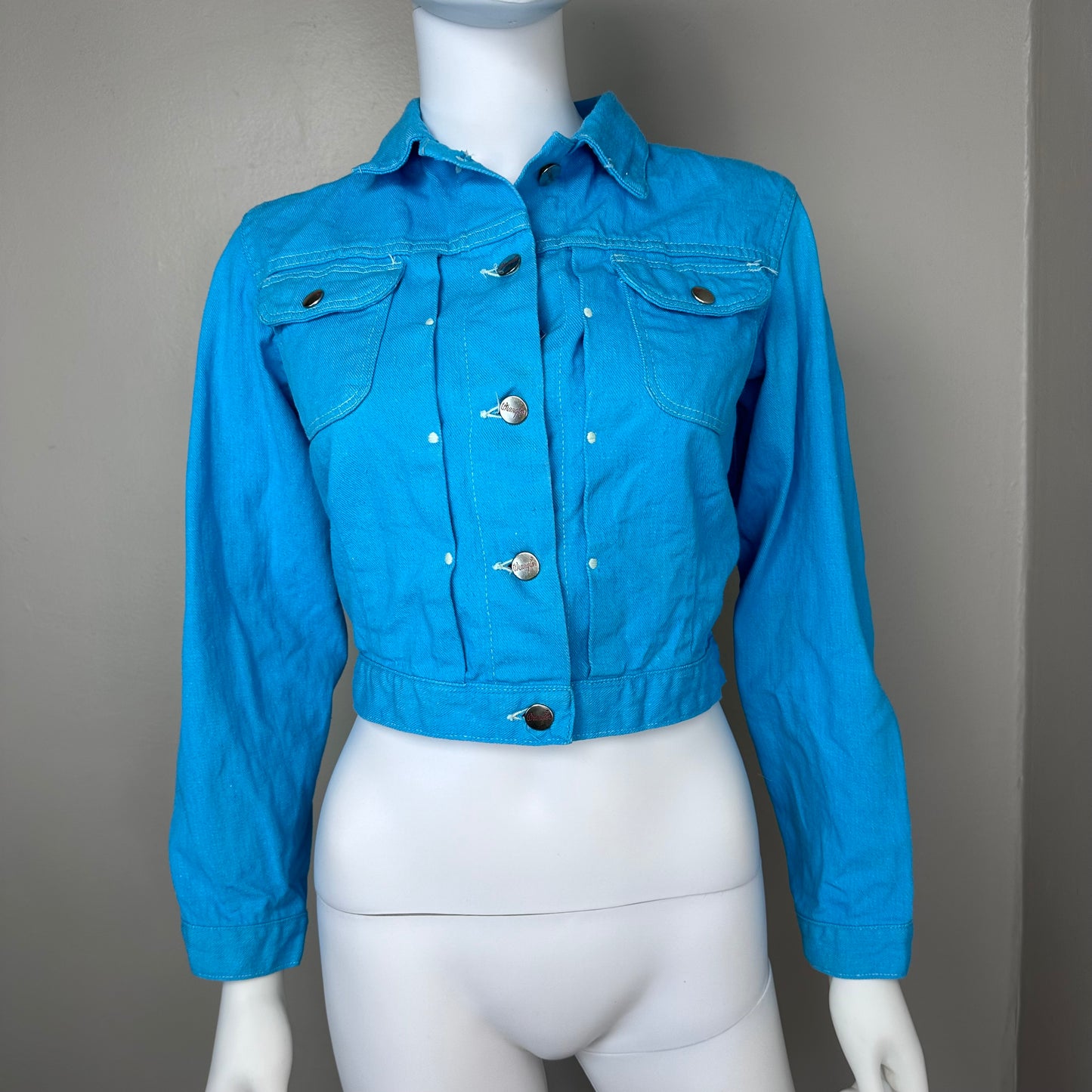 1950s Aqua Denim Women’s Jacket, Wrangler Blue Bell Size Small, Sanforized Selvage Cotton, Pleated