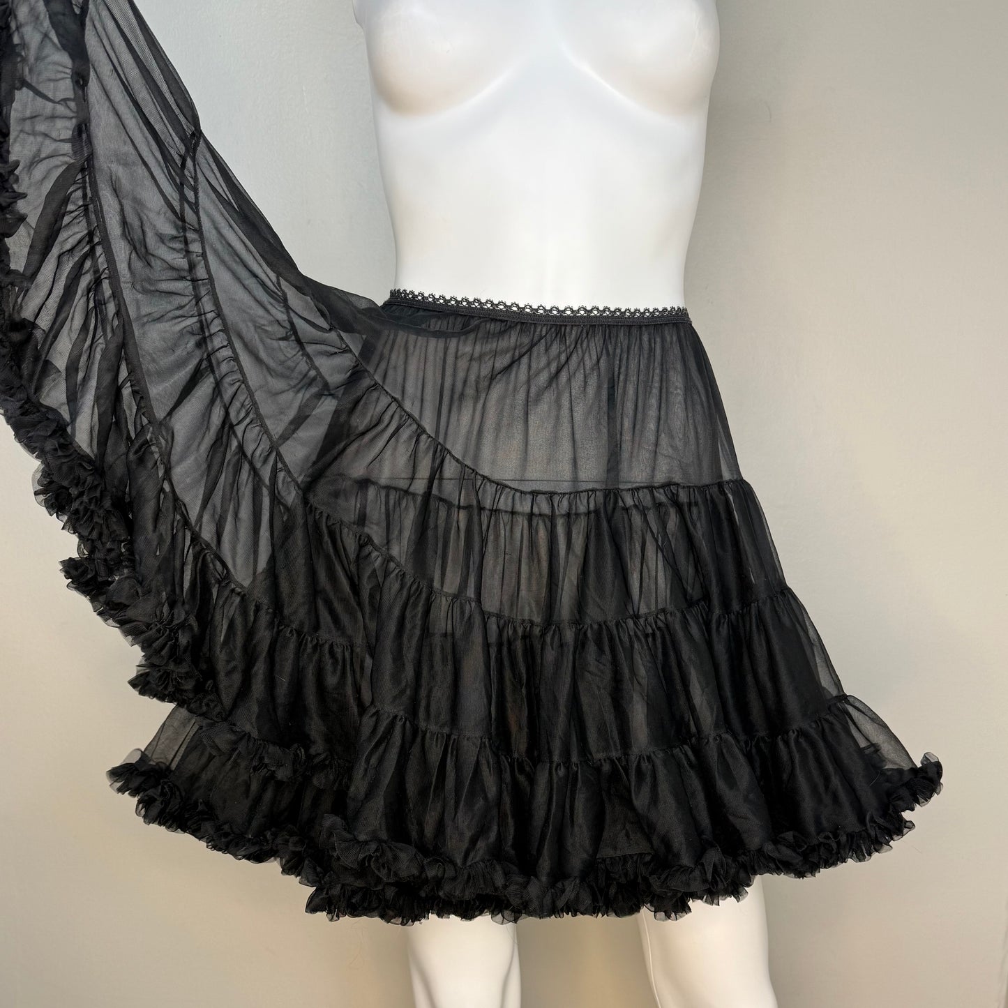 1980s Black Tiered Layered Ruffle Petticoat Half Slip, Malco Modes Size Small-Medium