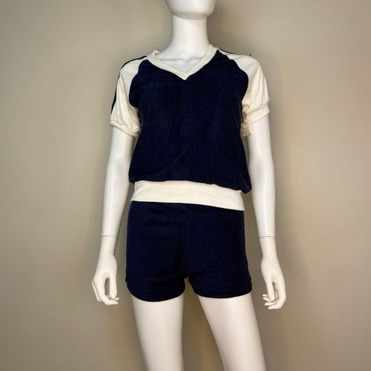 1970s Navy Blue Terrycloth Top and Shorts Set, Size XS/Small