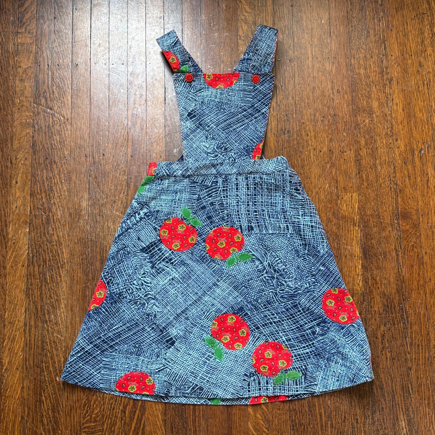 1970s Girls’ Jumper, Low Back Overall Dress, Apple Print, Handmade Size 8