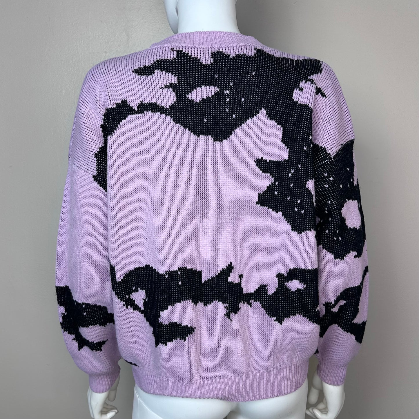 1980s Lavender and Black Sweater, Size Medium, Abstract Ink Stain Design