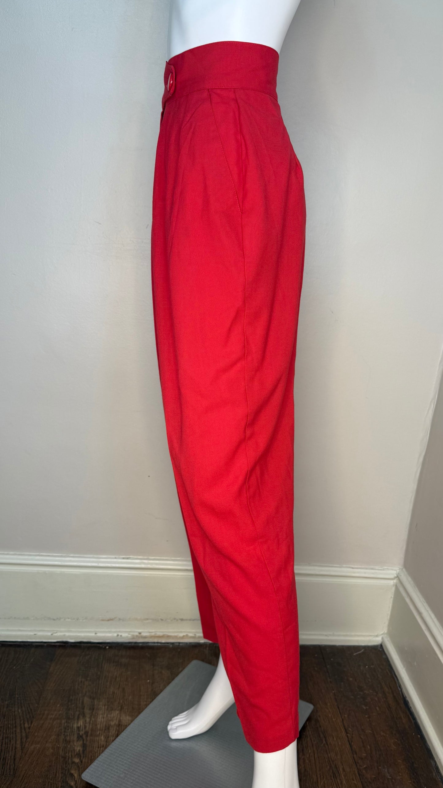 1980s Red Pleated Pants, High Rise, Wide Waistband, Tapered Leg, 27"x28"