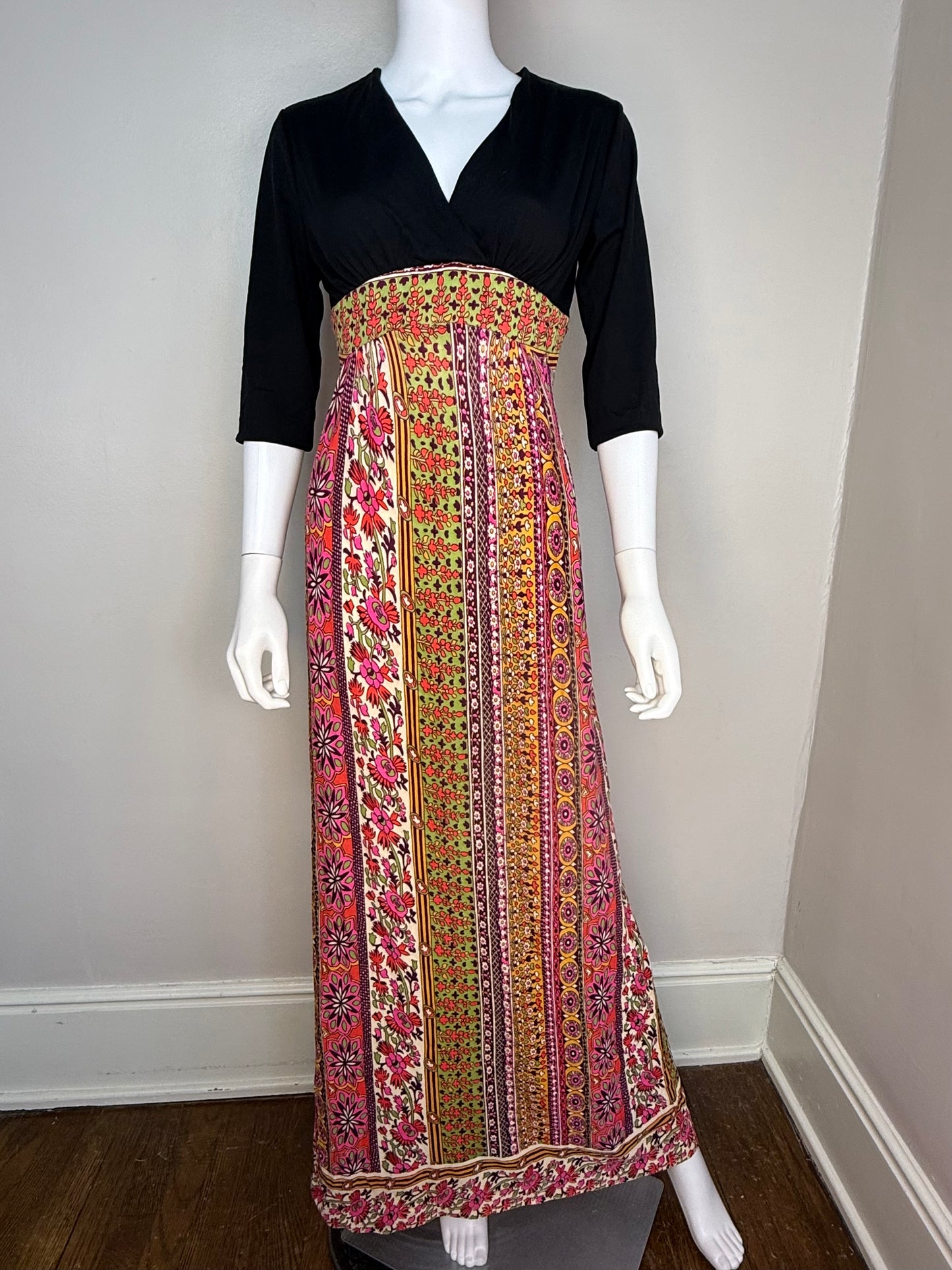 1970s Psychedelic Floral Stripe Maxi Dress, Border Print, Size Small