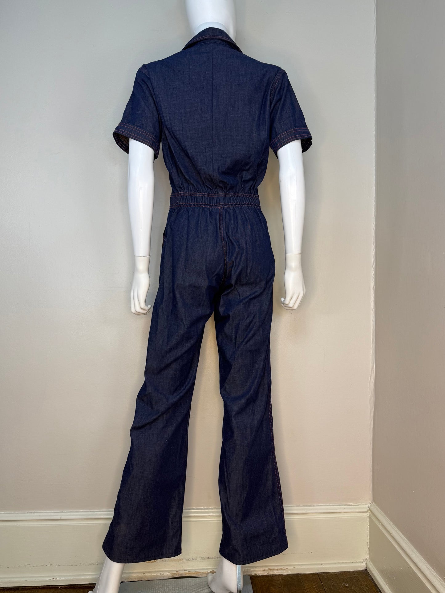 1970s Denim Zip Up Jumpsuit, Sears Size 36R, Small/Medium