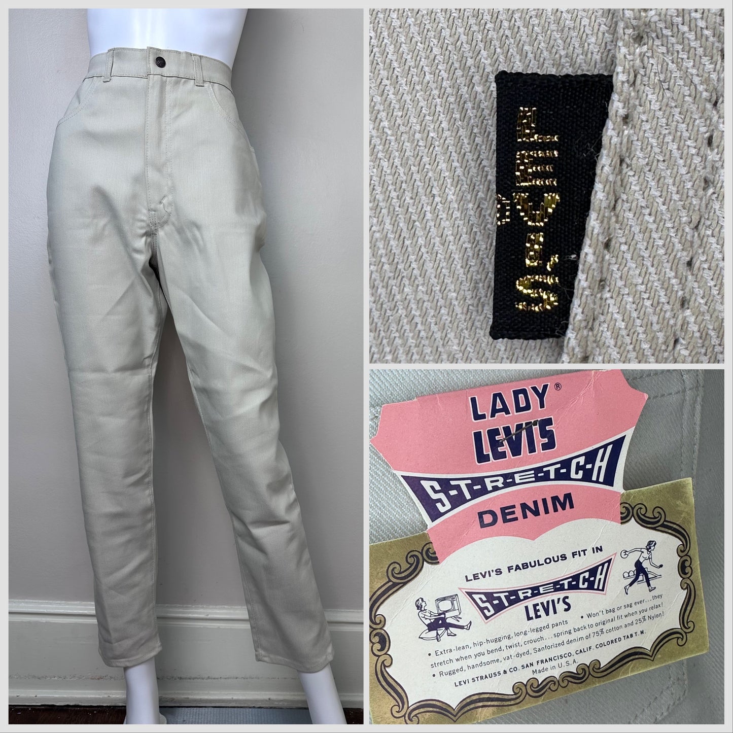 1960s Lady Levi’s Jeans, Big E Levis, 28x28.5, Beige Stretch Denim, Women’s Westernwear