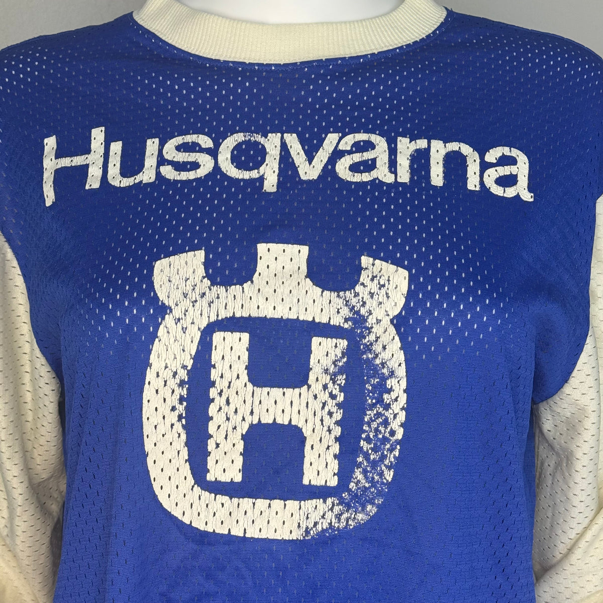 1970s Blue and White Mesh Motocross Husqvarna Jersey, Viking Size Large