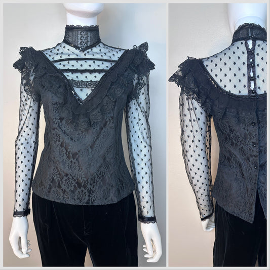 1980s Gunne Sax Black Lace Victiorian Inspired Blouse, Jessica's Gunnies Size 7, Sheer High Neck Prairie Goth