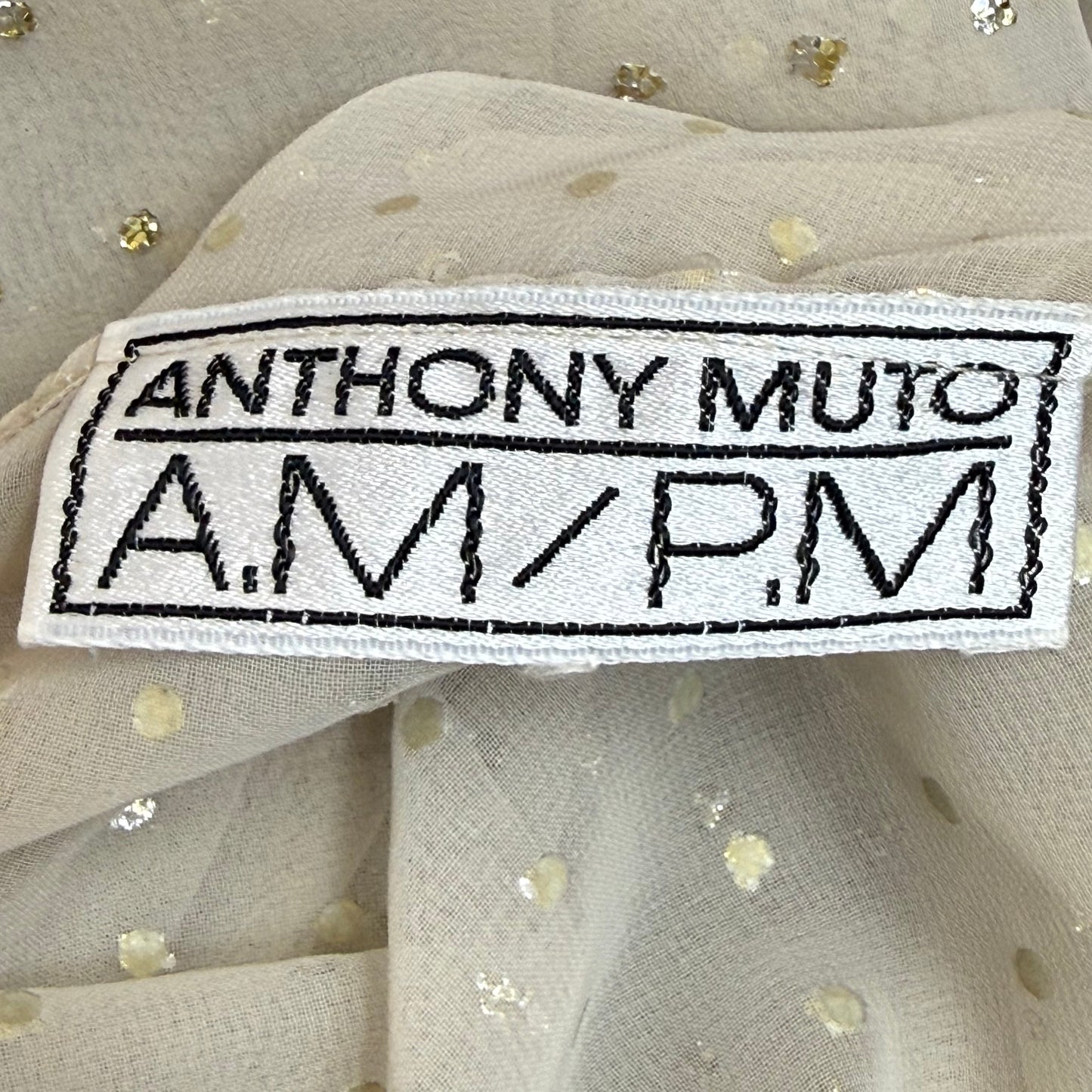 1970s Sheer Cream Blouse with Glitter Polkadots, Balloon Sleeves, Anthony Muto A.M./P.M. Size Small