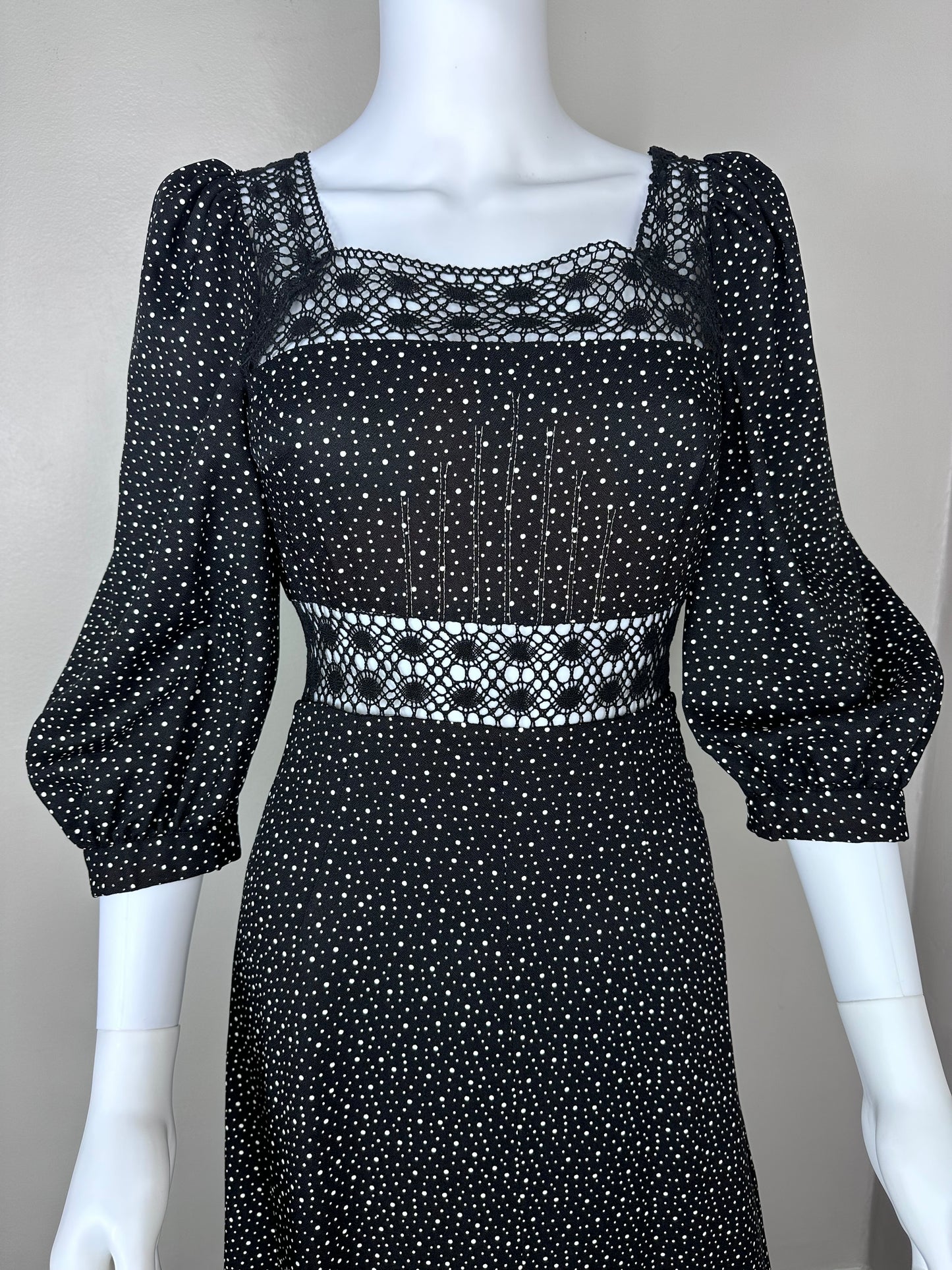 1970s Black and White Polka Dot Maxi Dress, Puszta Size XXS, Lace Cut Outs