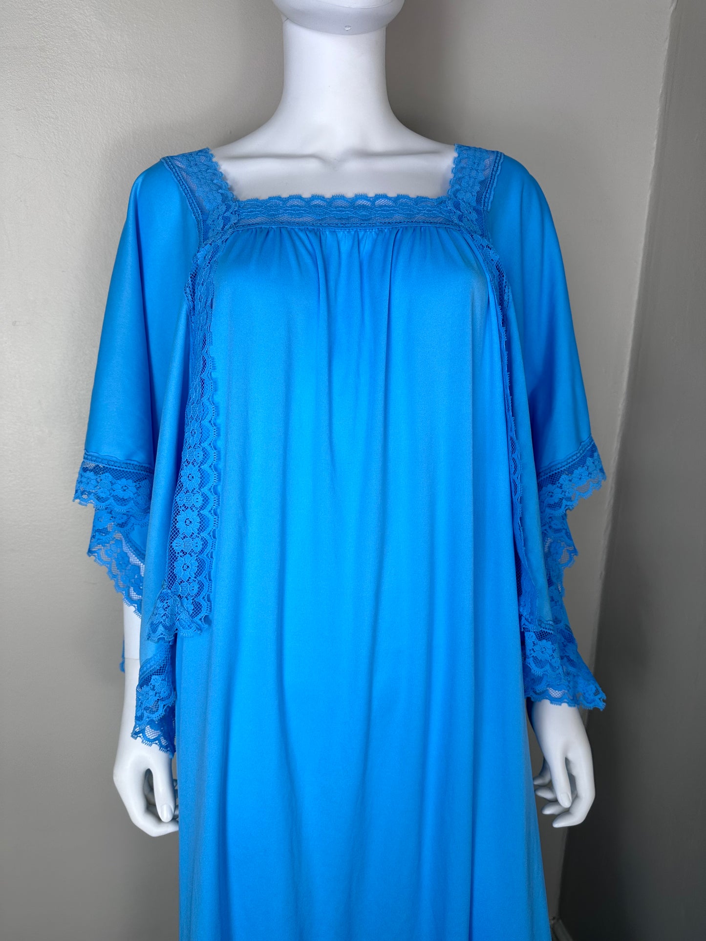 1970s Bright Blue Boho Maxi Dress with Large Handkerchief Sleeves, Size XXL, Muumuu Caftan