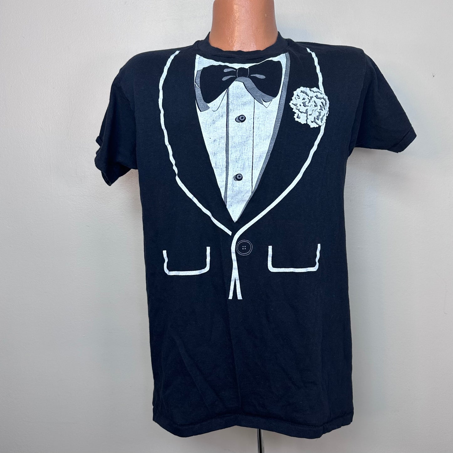 1970s Black Tuxedo Print T-Shirt, Trompe l’oeil, Size Medium