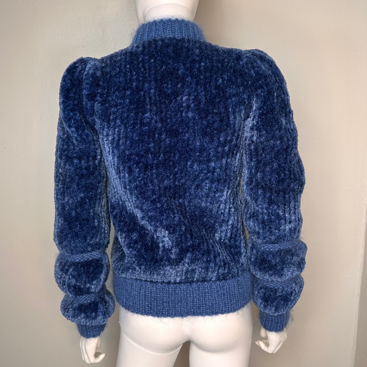 1970s Blue Chenille Hand Knitted Cardigan Sweater, Size Small, Cool Sleeves!