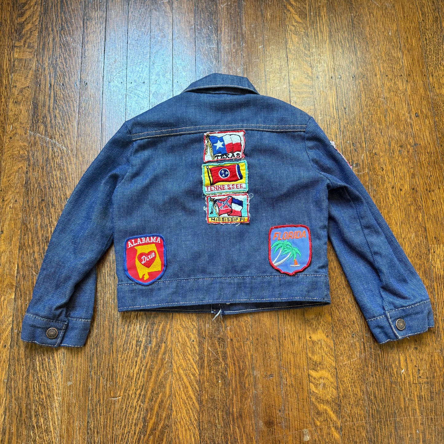 1970s Kids’ Blue Jean Denim Jacket with Southern US States Travel Patches, Selvage, Towncraft JR Boys JCPenney Size 4/5