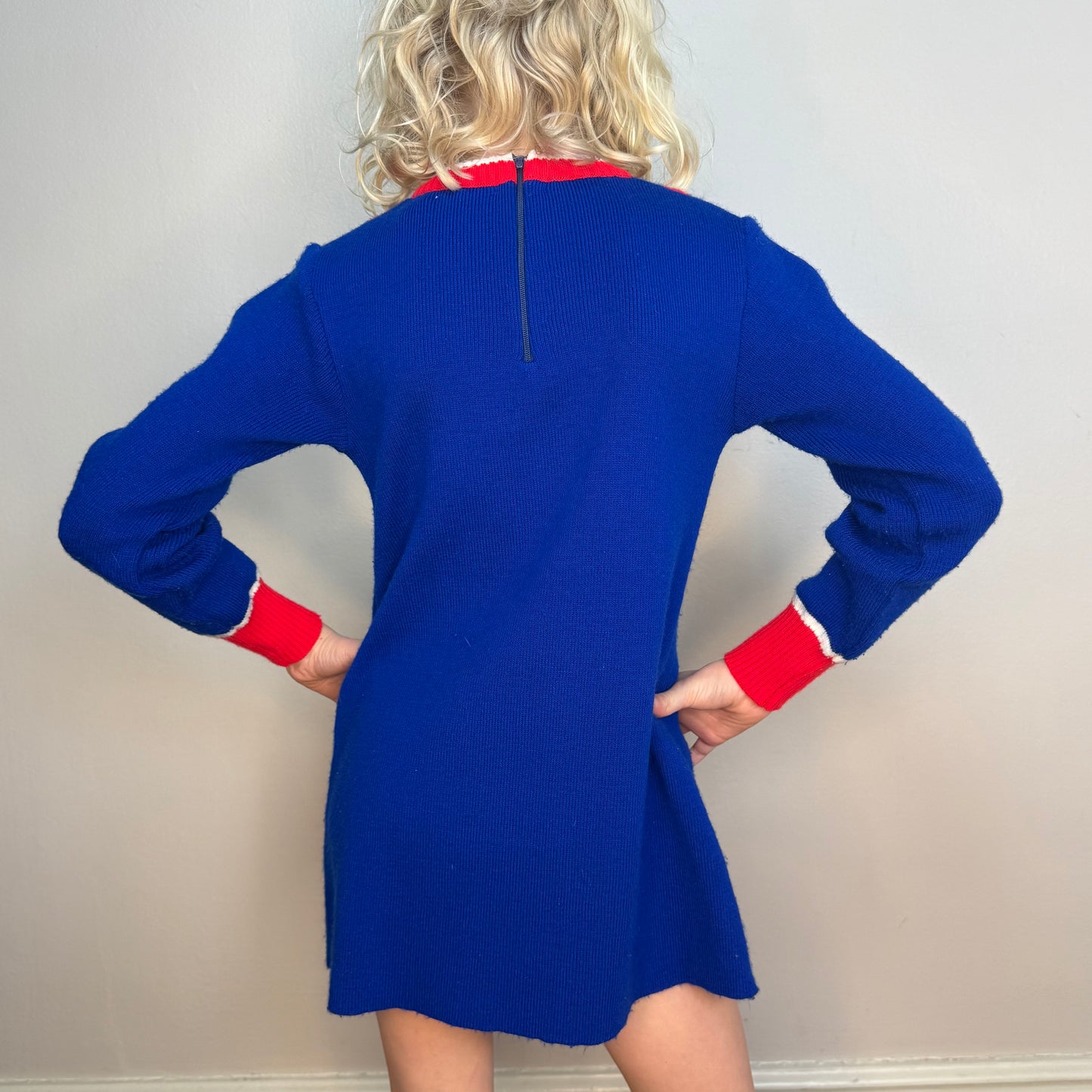 1970s Girl's Blue Knit Dress with Embroidered Cherries, Sears Size 6